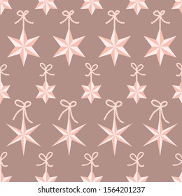 Vector seamless pattern with pink origami star Christmas ornaments hanging on ribbons with bows on taupe background. Fun ditsy star print, constellations and twinkle lights. Concept of astrology and