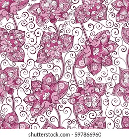 Vector seamless pattern with pink ornament. Tile in Eastern style. Ornamental lace tracery. Ornate swirl geometrical decor for wallpaper. Traditional arabic decor.Islamic, Dubai, East style template