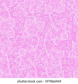 Vector seamless pattern with pink ornament. Tile in Eastern style. Ornamental lace tracery. Ornate swirl geometrical decor for wallpaper. Traditional arabic decor.Islamic, Dubai, East style template