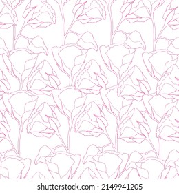 Vector seamless pattern with pink outline silhouettes of flowers. Isolated on blue background	
