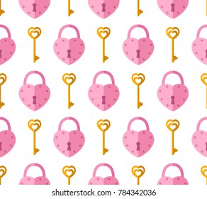 Vector seamless pattern from pink padlock, key with heart shape. background for Valentine day