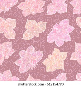 Vector seamless pattern with pink pastel ornament. Tile in Eastern style. Ornamental lace tracery. Ornate swirls for wallpaper.Traditional arabic decor.Islamic, Dubai, East style template
