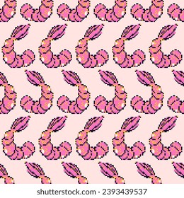 Vector seamless pattern with pink peeled shrimps. Trendy background, design. Pixel art. 
