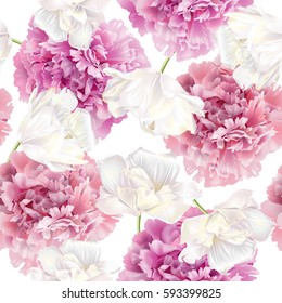 Vector seamless pattern with pink peony and white tulip flowers on white background. Romantic design for natural cosmetics, perfume, women products. Can be used as greeting card or wedding background