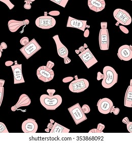 Vector seamless pattern with pink perfume bottles of different shapes on black background