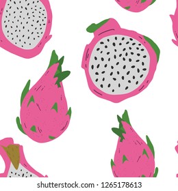 Vector seamless pattern with pink pitayas isolated on white background.  Hand drawn pitahaya clip art. Exotic tropical dragon fruit.