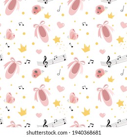 Vector seamless pattern with pink pointe shoes, hearts, notes, butterflies, confetti and crowns. Hand-drawn ballet background. Party for girls, little ballerina, baby shower.