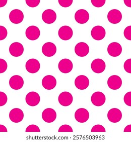 Vector seamless pattern with pink polka dots on a white background.