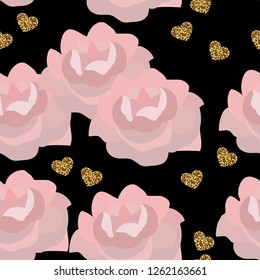 Vector of seamless pattern with pink poses on black background with gold sparkling hearts.Wedding or Valentines day design