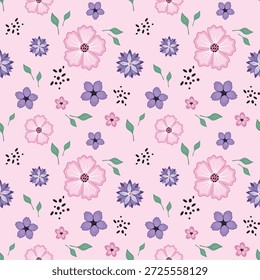 Vector seamless pattern with pink and purple flowers on a pink background. Perfect for printing on clothes, textiles, wallpapers, wrapping paper, scrapbooking. 