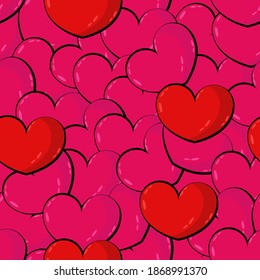 Vector seamless pattern of pink and red hearts.