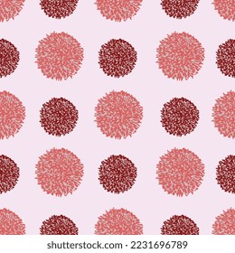 Vector seamless pattern with pink and red pompoms, abstract background. Repeated texture hand drawn perfect for fabric or wallpaper. Cute repeating pattern for baby or birthday or christmas.