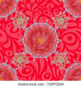 Vector seamless pattern with pink and red vintage ornaments.