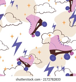 Vector seamless pattern with pink roller skates, clouds, flashes