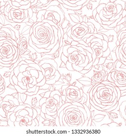 Vector seamless pattern with pink rose flowers and leaves outline on white background. Vintage floral ornament of blossoms in sketch style. Spring theme. For fabric, wrapping paper.