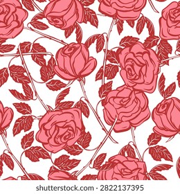 Vector seamless pattern of a pink rose. Flower on a stem with leaves. The drawing imitates a quick ink sketch. Hand drawn Line inc sketch. Coquette style. Background for packaging paper.