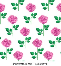 Vector seamless pattern with pink roses on white background.