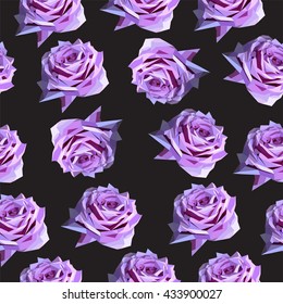 Vector seamless pattern with pink roses, low poly illustration, floral background, polygonal flower pattern for wall paper, cover, card, fabric and interior design, low poly vector background