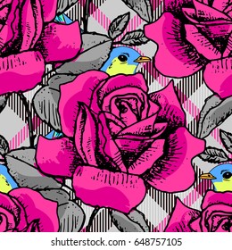 Vector seamless pattern with pink rouses, cell and birds.