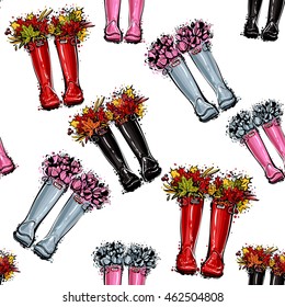 Vector seamless pattern with pink rubber flowers boots, blue rubber flowers boots, red hunter boots and leaves bouquet. Background for decoration seasonal celebration, greeting card and banner.