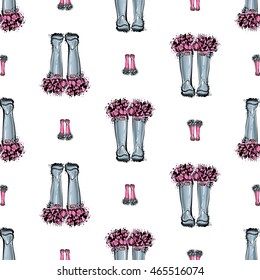 Vector seamless pattern with pink rubber flowers boots and blue rubber flowers boots. Background for decoration seasonal celebration, greeting card and banner. Hand drawn symbols on white backdrop.