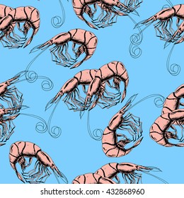 Vector seamless pattern with pink shrimp on blue. Hand drawn illustration in vintage style for fabric, wrapping, background,banner and other seamless design. 