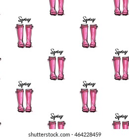 Vector seamless pattern with pink spring hunter boots. Background for decoration seasonal celebration, greeting card and banner. Hand drawn symbols on white backdrop.