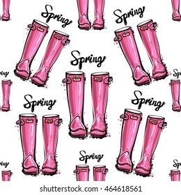Vector seamless pattern with pink spring hunter boots. Background for decoration seasonal celebration, greeting card and banner. Hand drawn symbols on white backdrop.