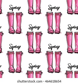 Vector seamless pattern with pink spring hunter boots. Background for decoration seasonal celebration, greeting card and banner. Hand drawn symbols on white backdrop.