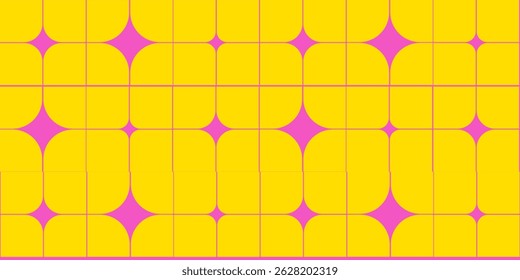 Padrão sem emenda do vetor com estrelas cor-de-rosa no plano de fundo amarelo. Resumo da Geometria Y2k. Textura mínima com linhas e formas de estrelas cintilantes