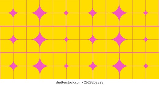 Vector Seamless Pattern with Pink Stars on Yellow Background. Abstract Y2k Geometric Background. Minimal Texture with Lines and Sparkle Stars Shapes