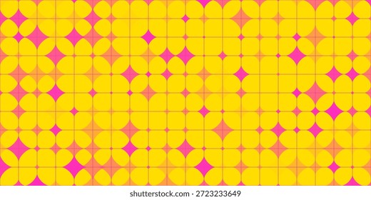 Vector Seamless Pattern with Pink Stars on Yellow Background. Abstract Y2k Geometric Background. Minimal Texture with Lines and Sparkle Stars Shapes