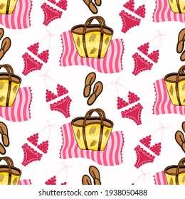 Vector seamless pattern with pink swimsuit, pink striped towel, women sandals, beach tote bag on white background. Summer accessories