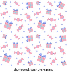 Vector seamless pattern of pink tones on a white background. candy and gifts are printed on fabric, wrapping paper, or wallpaper.