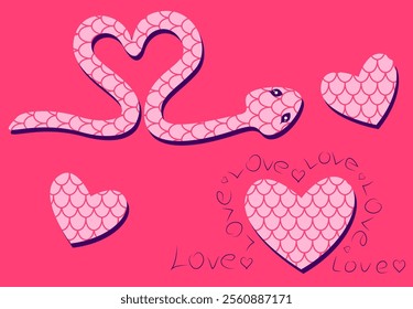Vector seamless pattern in pink tones with hearts, heart-shaped snake, and love inscriptions.