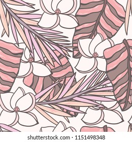 Vector seamless pattern with pink tropical leaves and flowers. Botanical background.