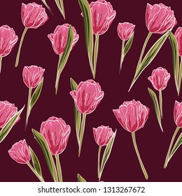 Vector seamless pattern, pink tulip flowers on brown background. 
