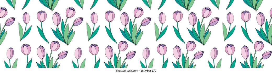 Vector seamless pattern with pink tulip flowers. Hand drawn spring texture, background. For wrapping paper, textile, greeting card, wedding, birthday, mother's or women's or Valentine's Day