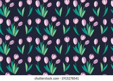 Vector seamless pattern with pink tulip flowers. Hand drawn spring texture, background. For wrapping paper, textile, greeting card, wedding, birthday, mother's or women's or Valentine's Day