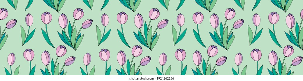 Vector seamless pattern with pink tulip flowers. Hand drawn spring texture, background. For web, textile, greeting card, wedding, birthday, mother's or women's or Valentine's Day