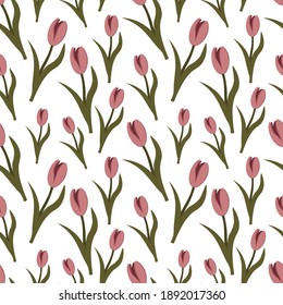 vector seamless pattern with pink tulips on a white background
