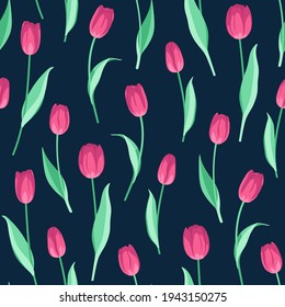 Vector seamless pattern with pink tulips on a blue background. Spring floral design for fabric, textile, wallpaper.