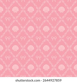 Vector seamless pattern of pink vintage bows and pearl oyster decorated with coral, ribbons and seashells hand drawn background illustration.