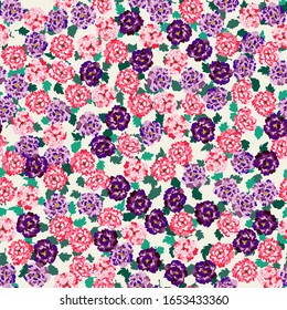 Vector seamless pattern of pink and violet viola flowers. Floral background for textile, shawl design, book and diary covers, wallpapers, print, gift packaging art