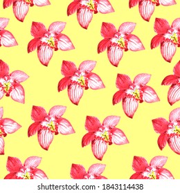 Vector Seamless pattern of pink watercolor orchids on a yellow background. The Orchid pattern can be used in wedding invitations, flower shops, cosmetics packages, textiles, and bags