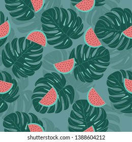 
vector seamless pattern with pink watermelon palm leaf watermelon on a green background for textiles