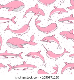 Vector seamless pattern with pink whales, sharks, narwhals and dolphins on the polka dot white background. Sea creatures and marine life girlish backdrop.