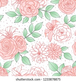 Vector seamless pattern with pink and white lily, chrysanthemum, camellia, peony and rose flowers and leaves on dotted background. Vintage floral blossoms in sketch style. For fabric, wrapping paper