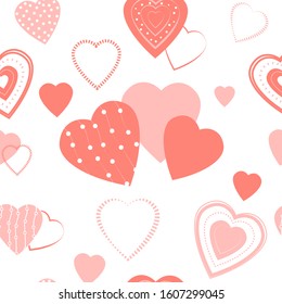 Vector seamless pattern in pink and white colors. Valentine's day background. Pink hearts on a white background.