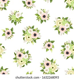 Vector seamless pattern with pink and white roses, anemones, ranunculus and lily of the valley flowers and green leaves.